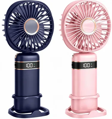 Produktbild von 2er Handventilator,5 Geschwindigkeitsstufen,tragbarer USB-Handyhalter-Lüfter,faltbarer Mini-Ventilator mit 4000mAh Akku,LED-Display,Leise,Blau&Rosa