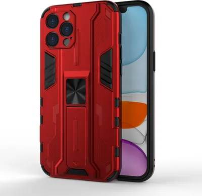 Produktbild von iPhone 12 Pro Hülle, Dual Layer PC TPU Bumper Stoßfest Ständer Schutzhülle für iPhone 12 Pro Rot
