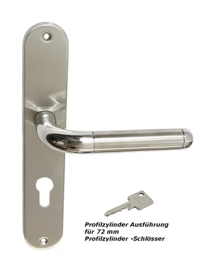 A stainless steel door handle set with a key and descriptive text.