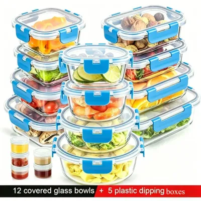 Produktbild von 12 Stück Glas Lebensmittelbehälter + 5 Sauce Box,Verschiedene GrößenVorratsdosenset,uftdichte  auslaufsichere Lunchboxen,Meal Prep Boxen,blau.