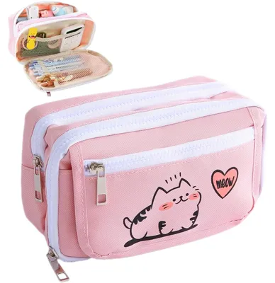 Produktbild von Federmäppchen mit niedlichem Katzenmotiv, rosa, für Kinder, Mädchen, Teenager, junge Erwachsene, Schüler und Studenten.