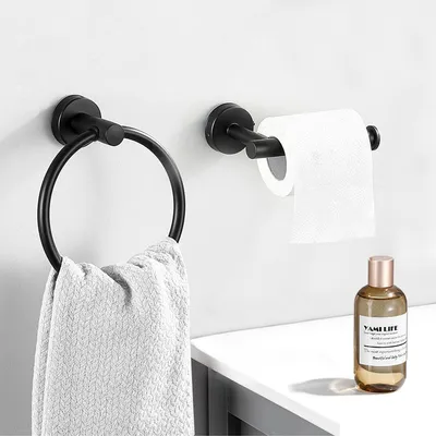 Immagine prodotto di Omgoods - Set di 2 accessori da bagno in nero opaco - Porta carta igienica e anello per asciugamani