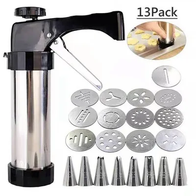 Produktbild von Kekspresse, Edelstahl Gebäckpresse zum Backen, Kekspresse Pistole + 13 Keksscheiben + 8 Spritztüllen, Teigspritze Plätzchenpresse