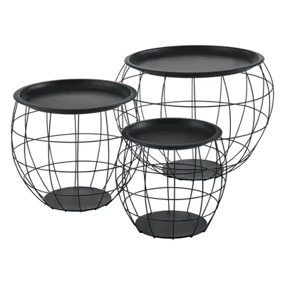 Three black metal wire basket side tables with black MDF tops are arranged in a staggered formation against a white background.