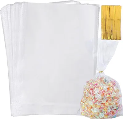 Produktbild von 100 Transparente Cellophantüten für Süßigkeiten 20x30cm mit Goldkabelbinder