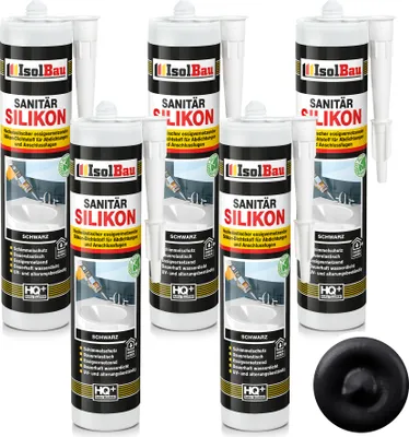 Produktbild von Isolbau Sanitär Silikon 5 x 300 ml Schwarz - Hochelastischer Silikon-Dichtstoff für Abdichtungen & Fugen – Schimmelresistent, wasserdicht -  Kartusche