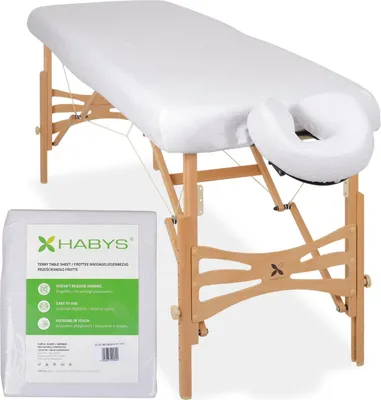 Produktbild von Habys Set | Einteiliges Frottee Spannlaken für klappbare Massageliegen Massagetische 70-75/180-185 | + Frottee-Bezug für die Kopfstütze | Weiß