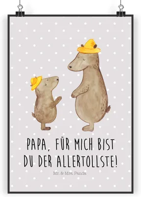 Produktbild von Mr. & Mrs. Panda Bild Bären mit Hut DIN A5 - Grau Pastell - Geschenk, Familie, drucke, Family, Plakat, Vatertag, Wanddekoration, wanddruck, Vater, wanddeko