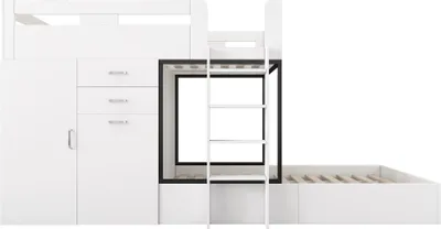 Produktbild von Flieks Etagenbett 90x200cm mit Ausziehbarem Tisch, Hochbett mit Kleiderschrank und Schubladen, Kinderbett mit Lattenrost, Stockbett Holzbett, Weiß