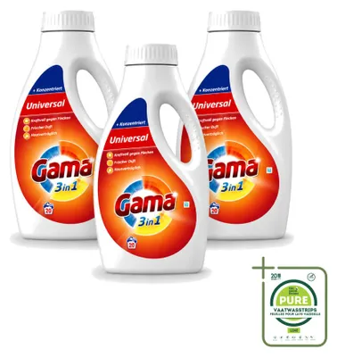 Produktbild von 3 x Gama 3-in-1 Waschmittel - Hautfreundlich - 1 l - Großpackung - 3 Stücke