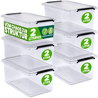 Produktbild von DEUBA® 6x Aufbewahrungsbox mit Deckel 2L Box Kunststoff Kisten lebensmittelecht BPA frei klein Klickverschluss transparent stapelbar Küche Schlafzimmer