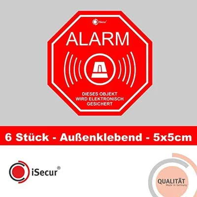 Produktbild von 6er Set Alarm-Aufkleber I hin_164 I 5 x 5 cm I Achtung Objekt wird elektronisch gesichert I für Fenster-Scheibe, Tür I außenklebend wetterfest
