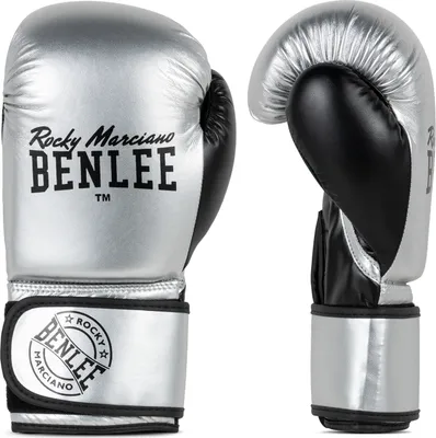 A pair of silver and black boxing gloves are shown against a white background.