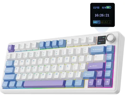 Obrázek produktu pro Bezdrátová mechanická herní klávesnice AULA F75 MAX s TFT displejem, rozložení QWERTY (US) - 2,4 GHz/USB-C/Bluetooth, kompatibilní s Windows/Mac/Linux, bílá a modrá, model Reaper