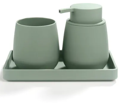 Immagine prodotto di Set da bagno 3 pezzi, verde: dispenser per sapone, bicchiere per lo spazzolino, vassoio. Materiale: plastica ABS