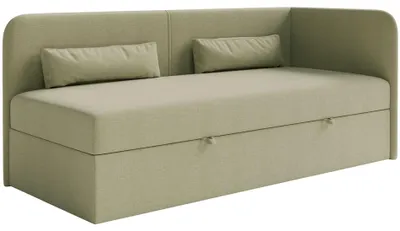 Image de Selsey Calmmo - Lit d'adolescent 90x200 avec coffre de lit, housse chenille, tête de lit à droite, vert olive
