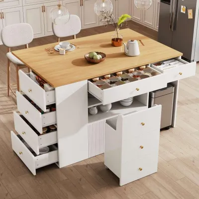 Image de Îlot de cuisine modulable avec tiroirs et tabourets de bar, meuble de cuisine moderne pour votre cuisine, 140 x 70 x 40 x 89 cm, blanc