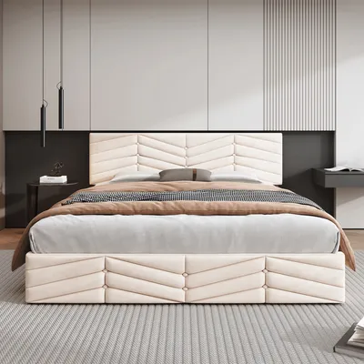 Produktbild von okwish Polsterbett Stauraumbett 140×200 cm mit Bettkasten, Doppelbett mit Lattenrost und höhenverstellbarem Kopfteil, Samt Beige,Ohne Matratze