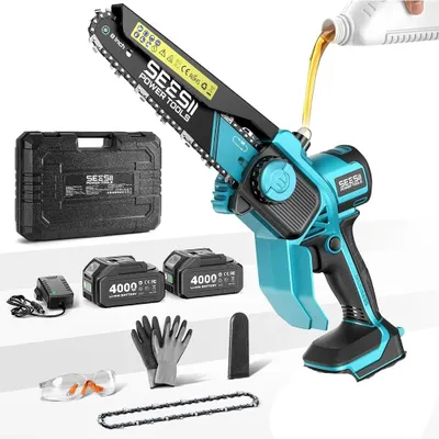 Image de Scie à chaîne mini sans fil - Scie d'élagage électrique - Moteur sans balais - 2 batteries de 4 Ah - Rechargeable - Lubrification sans outil - Idéale pour les travaux de jardin et de bois