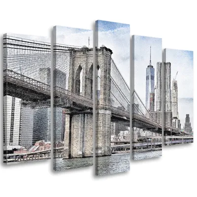 Produktbild von 5-teiliges leinwandbild brooklyn-brücke new york 100x70 cm Feeby grau wandbild bereit zum aufhängen
