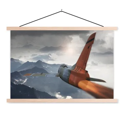 Produktbild von MuchoWow® Textilposter Ein Armeejet über den Bergen 120x80 cm mit holzfarbenen Rahmen - Aufhängeset