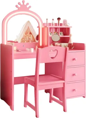 Produktbild von Kinder Schminktisch Set Prinzessin mit beleuchtetem Klappspiegel – 3 Schubladen & Hocker – MDF – Rosa