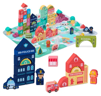 Image de Relaxdays - Blocs de construction en bois « Ville », 100 blocs, tapis de jeu, avec des bâtiments, des lettres, des chiffres, à partir de 3 ans, colorés