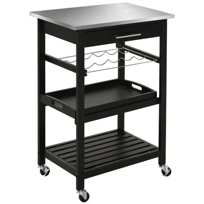 Image de Chariot de service HOMCOM, chariot de cuisine, table roulante avec porte-bouteilles, 60 L x 40 l x 85 H cm, plateau en acier inoxydable. Noir