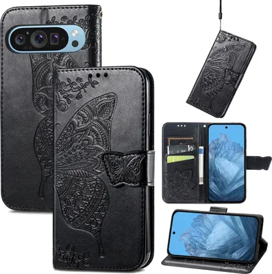 Produktbild von Für Google Pixel 9 / 9 Pro Kunstleder Wallet Handy Tasche Schmetterling Design Hülle Etuis Schwarz