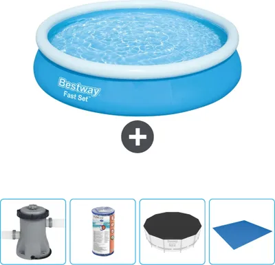 Produktbild von Bestway runder aufblasbarer Fast-Set-Schwimmpool – 366 x 76 cm – Blau – inklusive Pumpe Filter - Abdeckung - Bodenplane