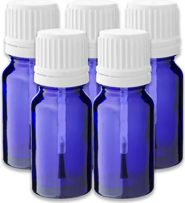 Produktbild von 5x Blaue Glasflasche 10 ml mit weißem Pinsel – Kosmetikflasche
