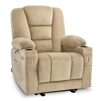 A beige fabric recliner chair with cup holders and side pockets, shown from a front-diagonal angle against a white background.
