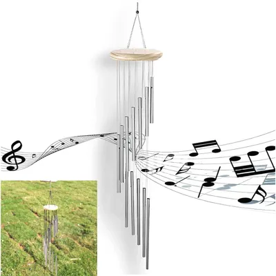 Image de Mobile à vent avec 12 tubes en aluminium, 55 cm, décor en bois, pour jardin et terrasse