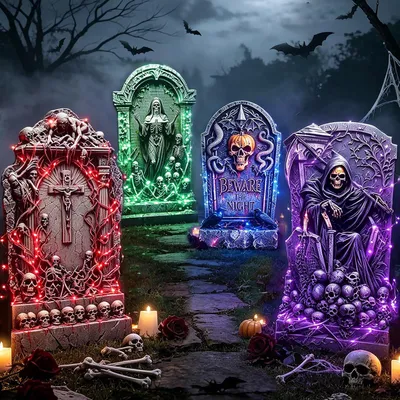 Productafbeelding van Set van 4 waterbestendige Halloween-grafsteenversieringen – griezelige tuindecoratie, verlichte decoratie voor feestjes