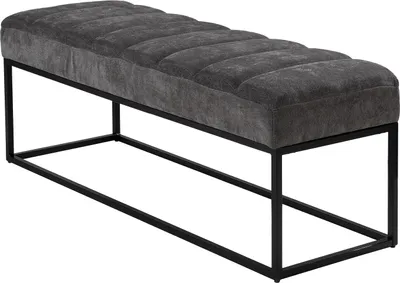 A dark gray upholstered bench with a black metal frame is shown against a white background.