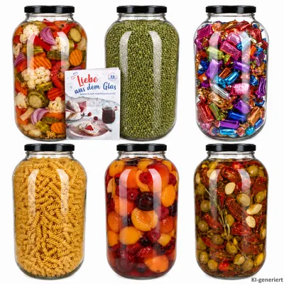 Produktbild von 6er Set Einmachglas 4,25L Vorratsglas TO100 Deckel schwarz Rezeptheft