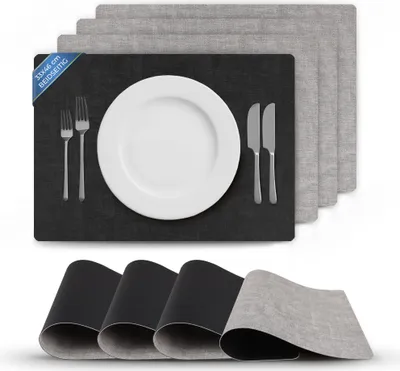 Produktbild von Tischsets Schwarz/Hellgrau doppelseitig (Struktur) 4er Set 46x33 cm, Tischunterlage Lederoptik, Platzset abwischbar