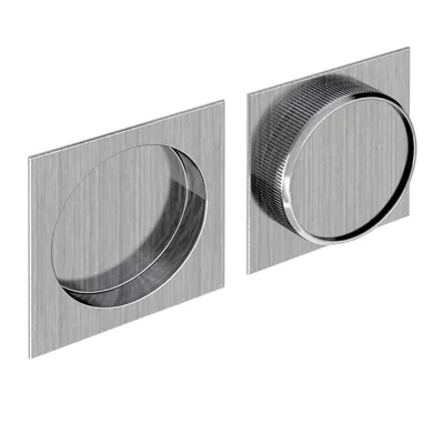Two brushed nickel door handles, one recessed and one with a textured grip, are shown against a white background.