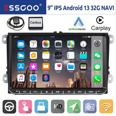 Obrázok produktu pre Autorádio 2 DIN s Androidom 13, vybavené funkciami Carplay, GPS navigácie, Wi-Fi, Bluetooth, 9-palcovým dotykovým displejom, 32 GB úložiskom, určené pre modely VW Golf 5, 6, Touran, Caddy, Tiguan, Polo, Passat, EOS, s podporou RDS