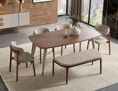 Produktbild von Glänzend 6tlg. Esszimmergarnitur Elegant Esstisch Beige 4x Stühle Hocker