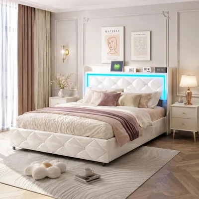 Image de INONEFT, lit hydraulique 140 x 200 cm, lit capitonné, lit double avec LED et port USB, lit pour adultes avec tête de lit en cristal, revêtement en PU, couleur blanche, Image générée par une IA
