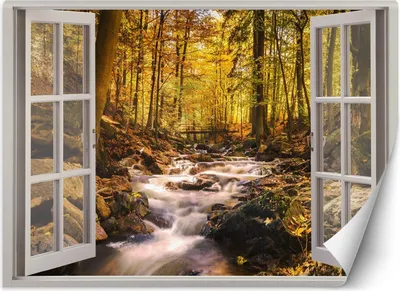 Produktbild von Vlies fototapete Fensteransicht Wald Bergbach 210x150 cm Feeby Braun inkl. Kleber einfache Montage