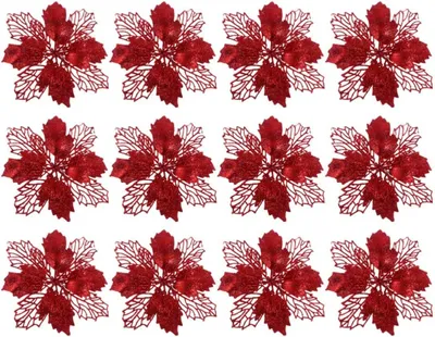 Produktbild von Weihnachtsbaumschmuck, 12 Stück, Glitzer-Weihnachtsbaumschmuck, Weihnachtsblumen-Ornamente, Rot