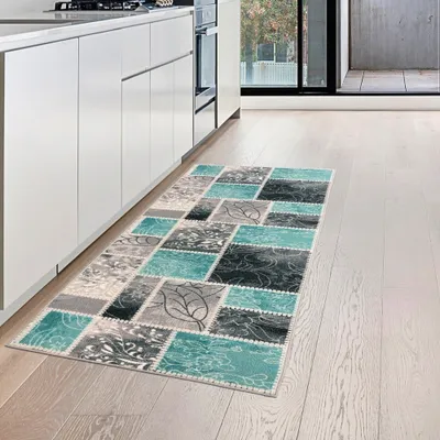 Immagine prodotto di Runner da cucina con supporto in gel e motivo a quadri nei colori turchese, crema e grigio Dimensioni - 80 x 150 cm
