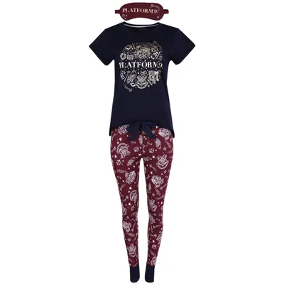 Produktbild von Harry Potter Pyjama für Damen + Augenbinde, dunkelblau-burgunderrot XS