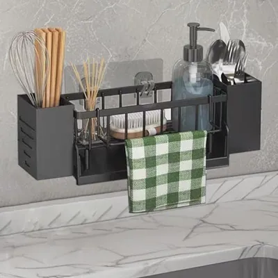 Produktbild von PromoHome® Küchenorganizer mit Schwammhalter und Handtuchhalter – Schwarze Wandbefestigung, 30 x 11 x 9 cm