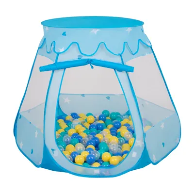 Obrázok produktu pre Selonis Hrací stan 105X90cm/600 loptičiek Hradný domček Pop Up Ballpit Plastové loptičky pre deti, Modrá:Tyrkysová-Modrá-Žltá-Transparentné