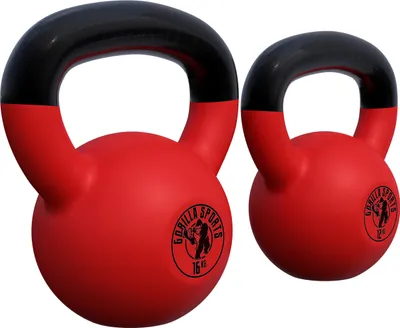 Two red kettlebells with black handles are shown against a white background.