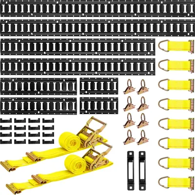 Produktbild von E-Track Zurrschienen-Set - 8er-Pack, 36-tlg. - Für Ladungssicherung - Längen 1,5/1,2/0,6/0,3 m - Inkl. 2 Ratschengurten, 8 O-Ringen, 8 Zurrgurten mit D-Ring - 16 Endkappen