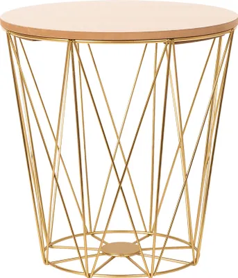 A gold wire side table with a wooden top, isolated on a white background.